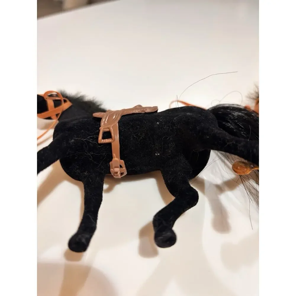 Vintage Small Flocked Plastic Horse Lot Toy Figurine Pony Brown & Black 4.75”